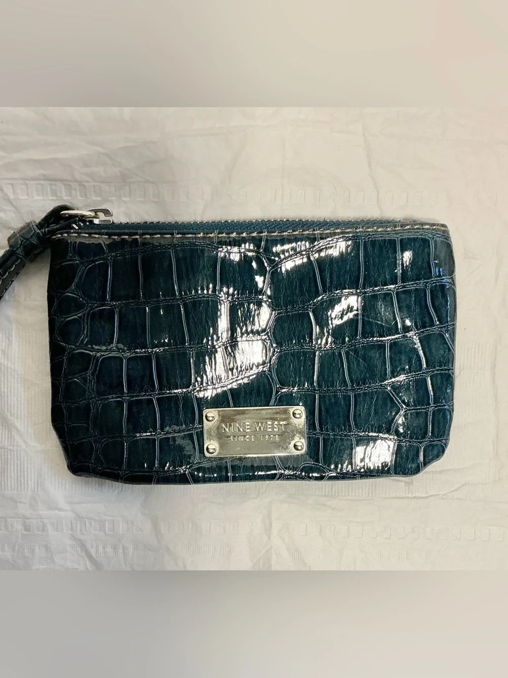 Nine West Set: Croc Embossed Teal Wristlet & Glossy Black Bow Wallet